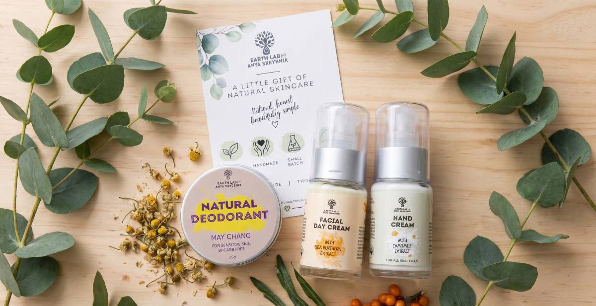 Earth Lab gift set with Hand Cream, Facial Day Cream and May Chang Deodorant in a frosted gift bag